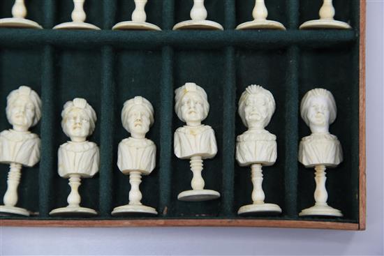 An 18th century French carved ivory Dieppe figural chess set,